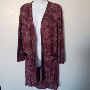 Maurices Small Burgundy Long Sleeve Duster Cardigan Patch Pocket Floral Open Top